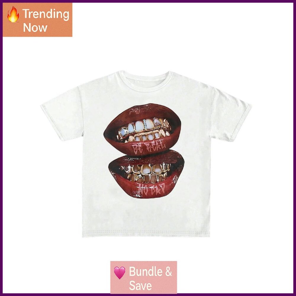 Lips Print Graphic Tee Y2K Vintage Crew Neck Drop Shoulder Summer Top